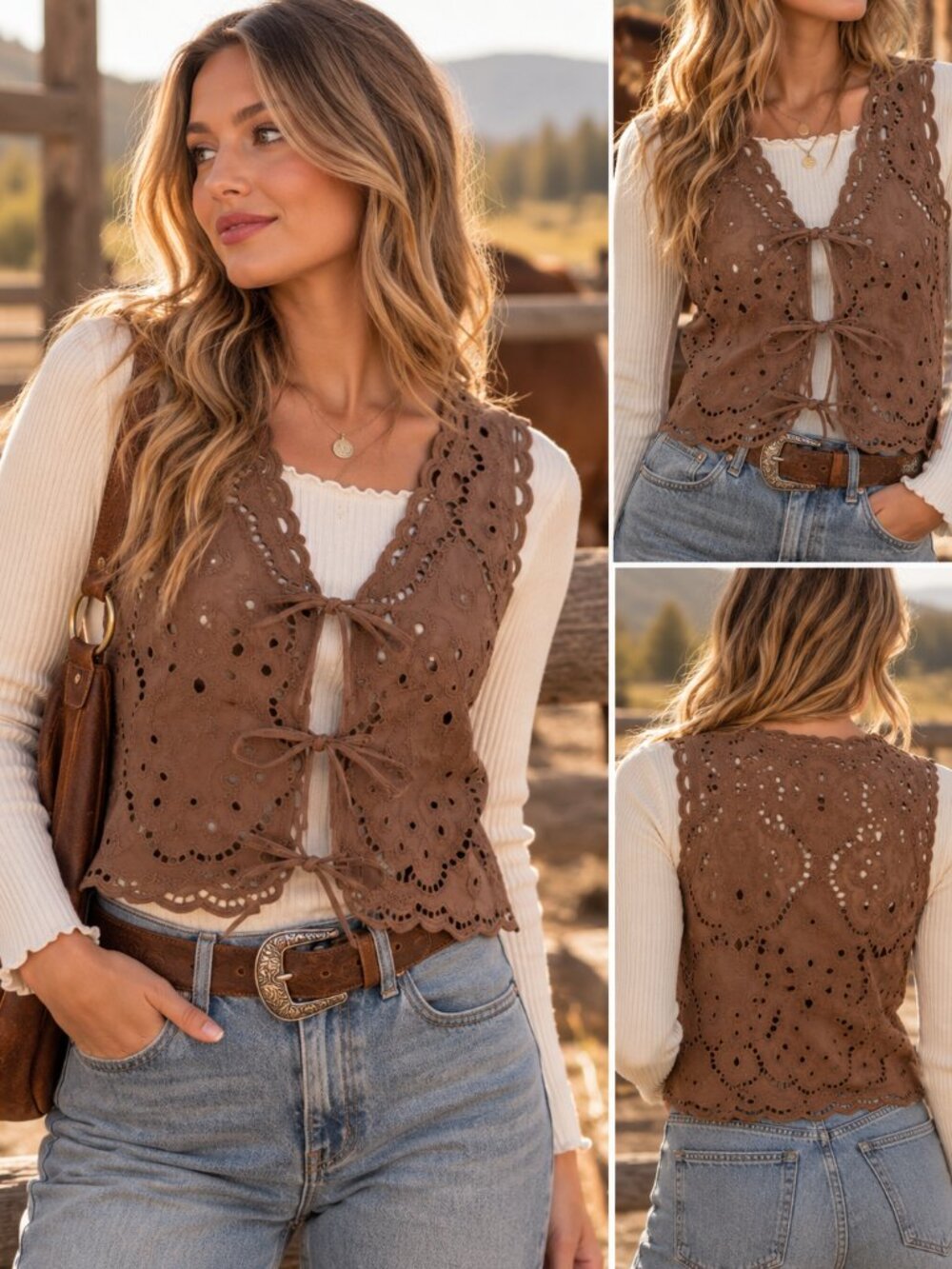 NWT Brown Eyelet Tie Front Vest S Cotton Western Boho Layering Top